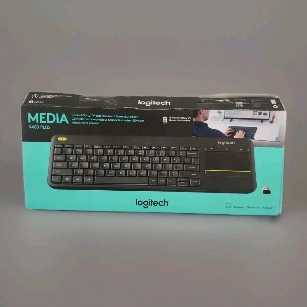 New Logitech Wireless Compact Touch Keyboard Media‎ K400 Plus Mouse Pad Black